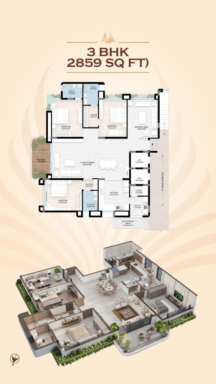3 BHK 2859 sq ft floor plan
